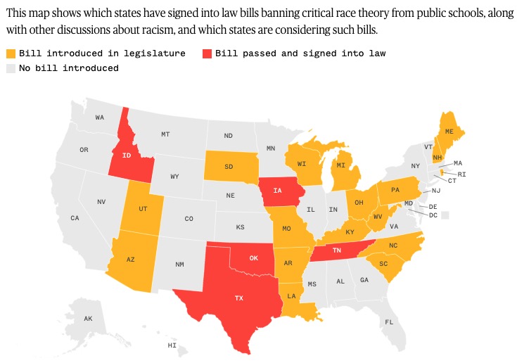 25 states as of July 29 2021 baning Critical Race Theory