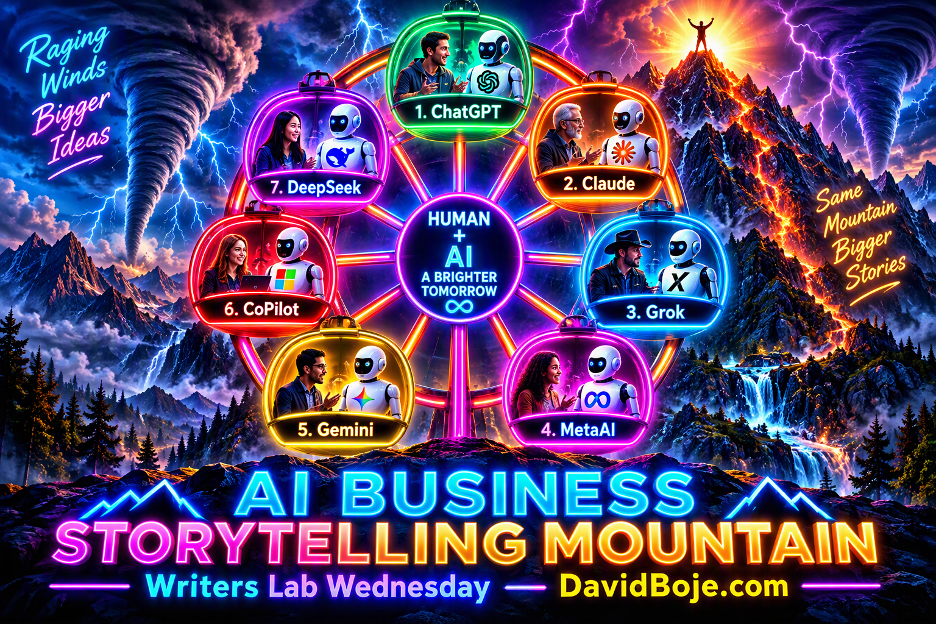 AI Business Storytelling Mountain, with a wheel of seven AI systems amid mountains and storms.