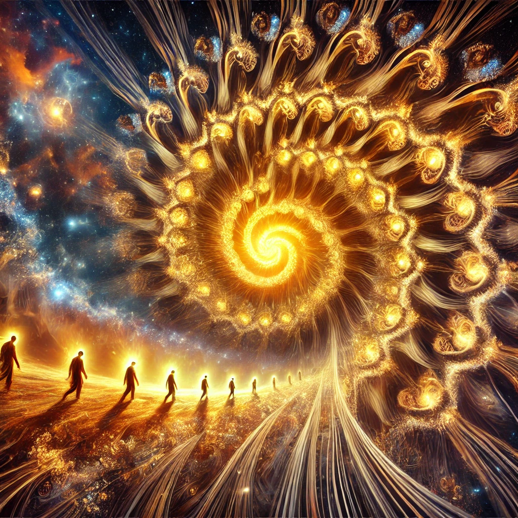 A surreal, radiant image representing 'HeartGlow Master Coaching Program'. The image features an infinite fractal spiral of golden and fiery hues, symbolizing transformation, renewal, and emergent leadership. Within the spiral, figures glow with interconnected energy, each one stepping forward into an ever-expanding wave of light. The background blends cosmic elements with natural textures, evoking the feeling of both grounding and boundless potential. The visual should capture a sense of movement, evolution, and the luminous unfolding of the HeartGlow journey.