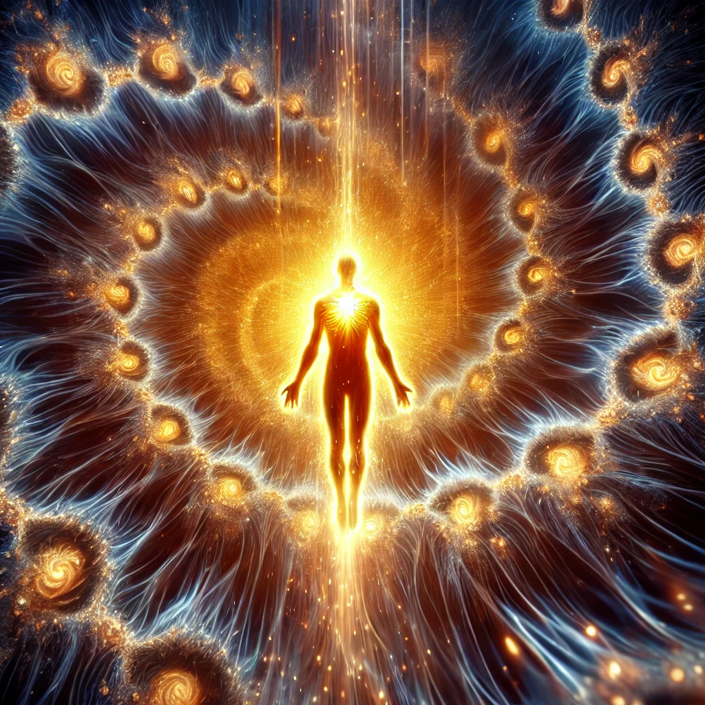 A surreal, radiant image representing 'The First Glow': A figure stands at the edge of darkness, but instead of falling, they begin to glow from within. A golden ember ignites in their chest, sending waves of soft, luminous energy outward. The background is a fractal cosmos, where the edges of collapse dissolve into spirals of light. The figure is both dissolving and emerging, transforming into pure radiance without destruction. The glow expands, illuminating the unseen pathways beyond what was once a perceived ending.