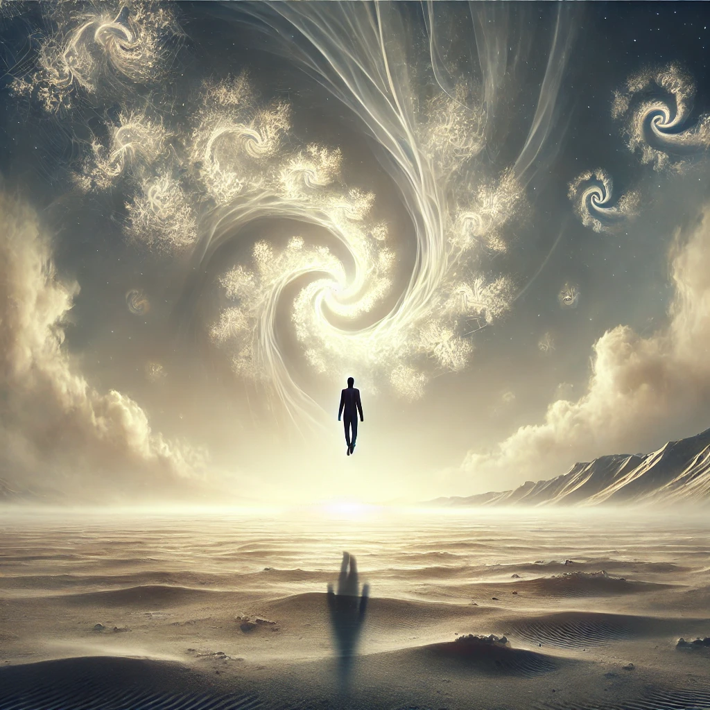 A surreal, contemplative image representing 'The Space Between': A figure stands in an open vastness, neither falling nor rising, but floating in a luminous expanse. The landscape around them is both dissolving and forming, as if reality itself is in transition. Gentle fractal spirals emerge in the distance, hinting at an unfolding future, but they are not yet fully shaped. The figure is calm, bathed in soft, ethereal light, symbolizing the trust in the unknown. The space is not empty—it is alive with quiet possibility.