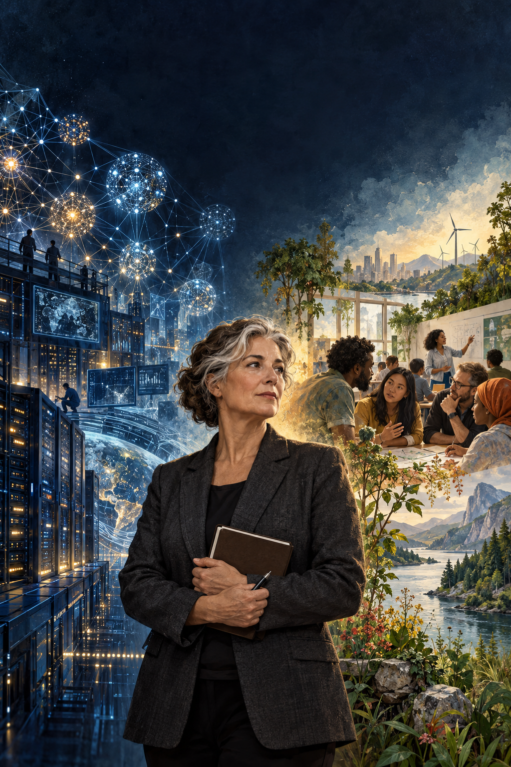 A consultant standing between AI infrastructure and a human, ecological, and educational world
