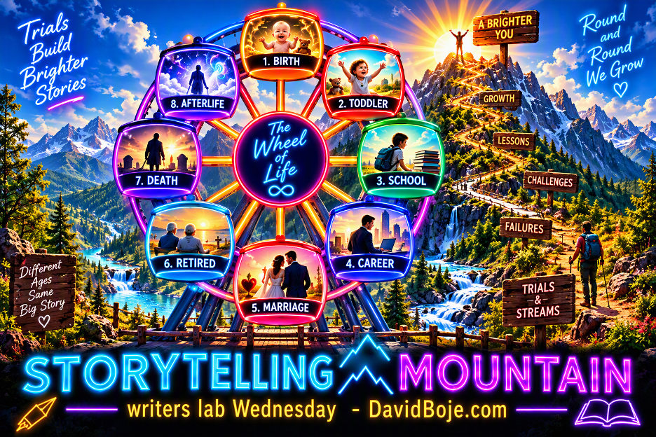 Storytelling Mountain Wheel of Life, with life passages from birth to afterlife.