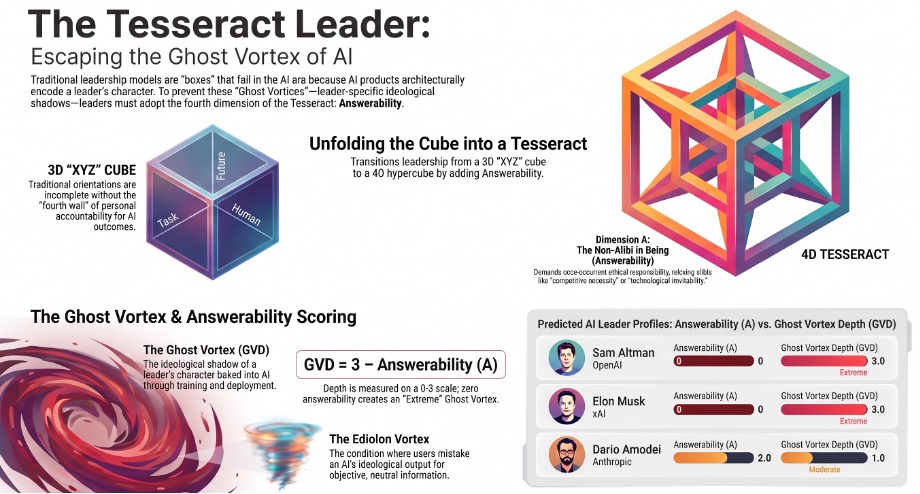 Tesseract illustration — four-dimensional hypercube showing the XYZA leadership framework: an outer cube of visible behavior (X, Y, Z) containing an inner cube of ethical core, connected by the fourth dimension of Answerability (A)